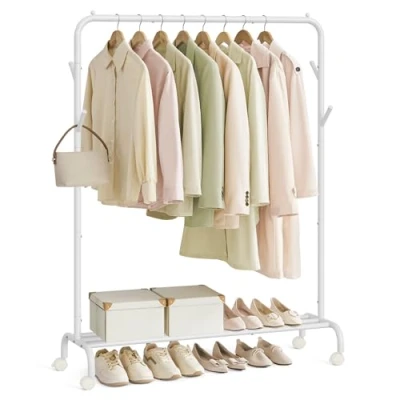 Imagen de SONGMICS Burro para Ropa, con Ruedas, Perchero Barra, Estructura de Tubo Acero, Carga Máx. 50 kg, Ancho 103,5 cm, Almacenaje Multifuncional, Blanco HSR131W01