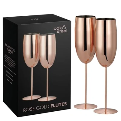 Imagen de Oak &amp; Steel 2 Copas de Champán Cobre (280ml) Prosecco Acero Inoxidable Oro Rosa, Metal Irrompibles con Caja Regalo, S1063