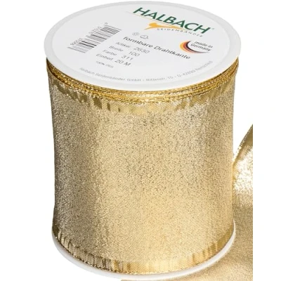 Imagen de Halbach Seidenbänder cinta de regalo dorada, fabricada en Alemania, con bordes alambre moldeables, 100 mm x 25 m, elegante dorada para bodas o Navidad