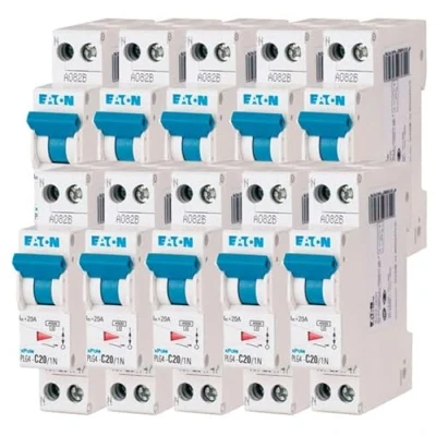 Imagen de EATON 264747 PLG4 C20/1N Disyuntor modular PH/N Blanco Mando Azul 1P+N/20 A Curva C Conexión de tornillo 10 disyuntores