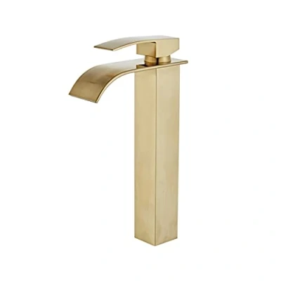 Imagen de Grifos de lavabo Cascada Grifo baño una sola manija Mezclador caliente y frío Cepillo latón dorado Fregadero Grúa agua