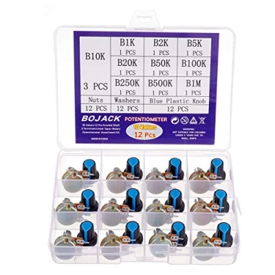 Imagen de BOJACK 10 valores 12 piezas B1K B1M Ohm 3 terminales Potenciómetros rotativo cónico lineal (WH148) Kit de surtido Resistencias variables película carbono