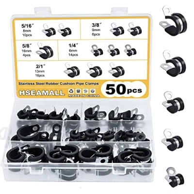 Imagen de HSEAMALL Clips P forrados de goma acero inoxidable, abrazaderas tubo manguera, kit cable alambre metal 5 tamaños (50 piezas)
