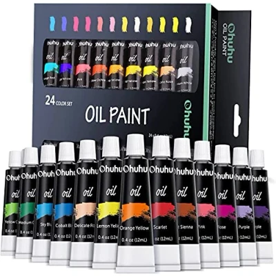 Imagen de Juego de Pinturas al óleo Ohuhu, 24 tubos 12 ml x colores a base aceite. aptas para papel, lienzo, madera, cerámica, tela y manualidades.