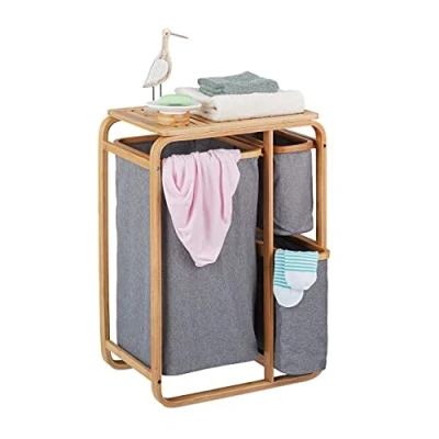 Imagen de Relaxdays lavandería Organizador de Ropa Sucia, Estante Baño con 3 Cestos para la Colada, Bambú, 70 x 49 33,5 cm, Natural y Gris