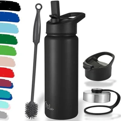 Imagen de Milu Botella de Agua, 500ml, 750ml, 1000ml (+3 Tapas) Acero Inoxidable, Libre BPA, Para Bebidas Calientes, Frías y Carbonatadas (Negro, 500ml)