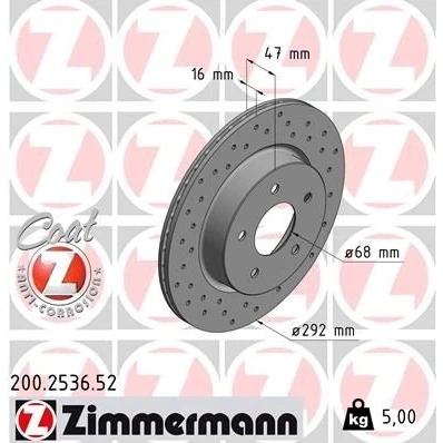 Imagen de ZIMMERMANN SPORT COAT Z 200.2536.52 Disco de freno 292 16 5/5 5 114 ventilación interna, perforado revestido NISSAN: X Trail, RENAULT: Koleos 2