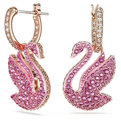 Imagen de Swarovski Pendientes Iconic Swan, Cisne, Rosas, Baño tono oro rosa
