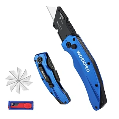 Imagen de WORKPRO Cúter Plegable, Cortador de SK5, Cuchillo Utilitario con 10 Cuchillas Adicionales, Cutter Cambio Rápido y Clip para Cinturón, Azul