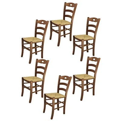 Imagen de t m c s Tommychairs Set 6 sillas Savoie para Cocina y Comedor, Estructura en Madera de Haya Color Nuez Asiento Paja
