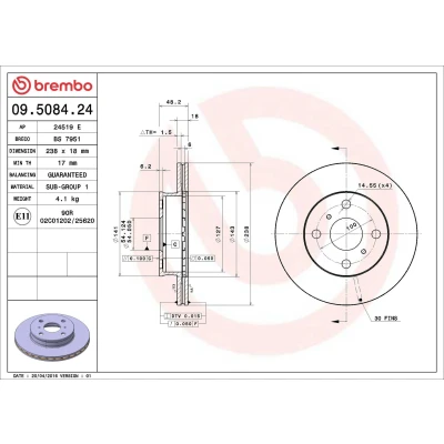 Imagen de BREMBO 09.5084.24 Disco de freno 238 18 4 ventilación interna TOYOTA: Corolla VI Berlina, Liftback, VII Liftback