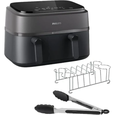 Imagen de Philips Airfryer Dual Basket Serie 3000, 9L, Freidora de aire con 2 cestas, Kit Desayuno, Tecnología Rapid Air, 99% menos grasa, ahorro energía, ideal para familias, App HomeID (NA350/03)