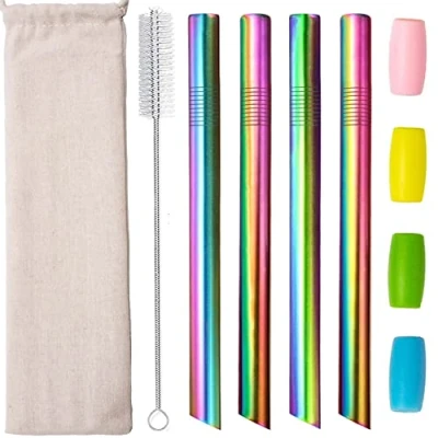 Imagen de Pajitas de acero inoxidable reutilizables metal con puntas anguladas para batidos 12mm boba té burbujas grandes silicona 4 unidades