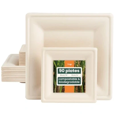 Imagen de HAAGO 90 Platos de Caña Azúcar Biodegradables Pequeños y Grandes, Grandes (26cm) (16cm) Ecológicos Reciclables, Ideales para Comida Fría Caliente, Fiestas Eventos en Grupo
