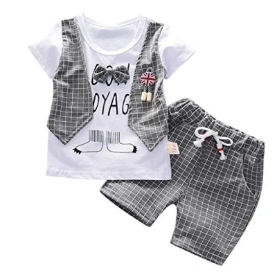 Imagen de Fossen Ropa Bebe Niño Verano 2019 Camiseta Manga Corta + Pantalones Cortos a Cuadros para 0 3 Años Recien Nacido Bebé Conjunto de Dos Piezas (12 18 Meses, Gris)