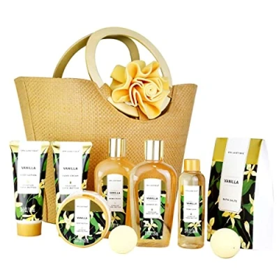 Imagen de Spa Luxetique Set de Regalo Baño con Bolso a Vainilla, y Ducha 10 Piezas, para Hogar, Incluye Bomba Baño, Loción Corporal, Crema Manos, Esponja, Ideal Mujeres