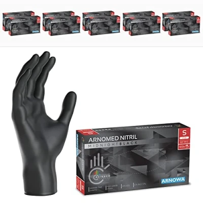 Imagen de ARNOMED guantes nitrilo negro talla S, de nitrilo, 10 cajas (1000 uds), negros sin polvo y látex, desechables, mecanico en XS, M, L, XL, XXL
