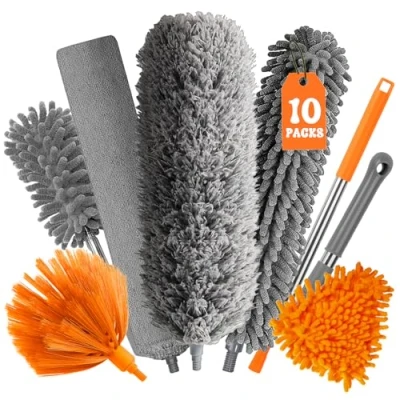 Imagen de GIBOHOM 10 Piezas Plumero Telescopico Extensible, Microfibra Lavable Atrapapolvo Longitud 27 255 CM, Reutilizable con Palo para Techo, Persianas, Muebles, Telarañas