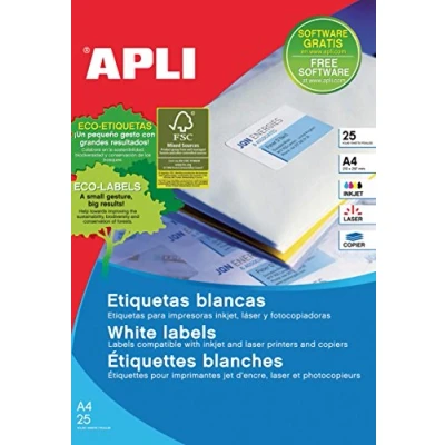 Imagen de APLI 1212 etiquetas blancas permanentes adhesivas imprimibles, Inkjet Laser Copy, tamaño etiqueta 70 x 37 mm,cantos rectos, pack de 25 hojas A4 (600 en total). Ideal para sobres y paquetes