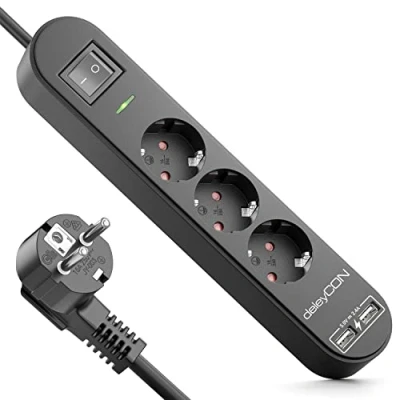 Imagen de deleyCON Listón de 3X Tomas Corriente 5m con USB Contacto 2X Carga A para Móviles y Tabletas Protección contra Sobretensión Interruptor ON/Off Negro