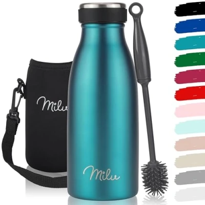 Imagen de Milu Botella térmica de acero inoxidable, 350, 500, 750, 1000 ml, para niños y adultos, a prueba fugas, apta bebidas con gas, aislante, incluye cepillo limpieza (verde, 350 ml)
