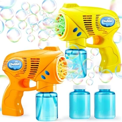 Imagen de 2 Pistolas de Explosión Burbujas Colores con Solución (2 x 148ml) para Niños Regalos Fiesta, Juguete Verano, Actividad al Aire Libre