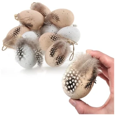 Imagen de com four® 12x Huevos de Pascua para Colgar con Plumas Aspecto Huevo Natural Colgador el Ramo plástico