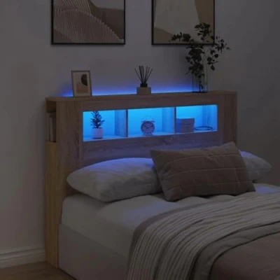 Imagen de vidaXL Cabecero LED, Cabecera con Almacenaje, Cabezal de Cama, para Dormitorio, Madera Ingeniería Roble Sonoma 140x18,5x103,5 cm