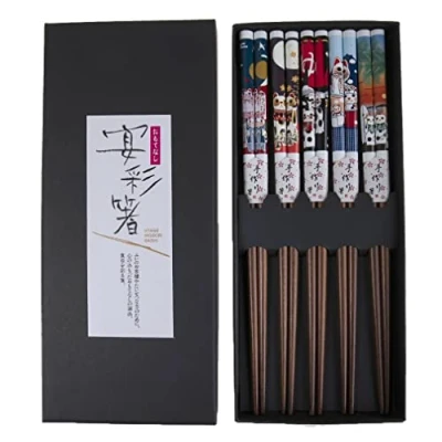 Imagen de lachineuse Palillos japoneses, Madera, Maneki Neko Multicolor, 24x10 cm