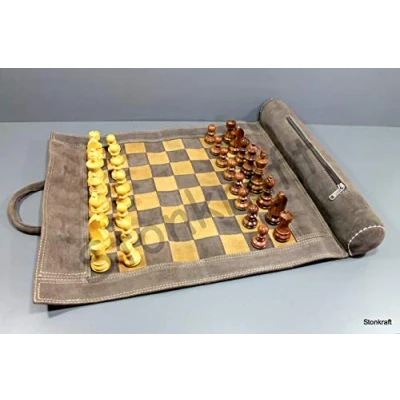 Imagen de StonKraft 19 &quot;x 15&quot; (Tablero de ajedrez tamaño 12 12&quot;) Genuino Juego Cuero Enrollable con Piezas Madera marrón Gris Viene una Bolsa Transporte innovadora