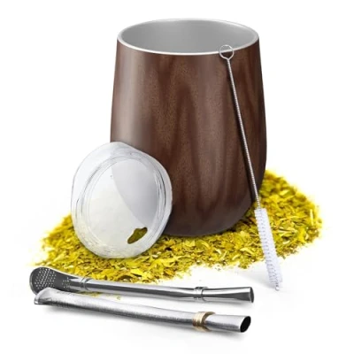Imagen de Aquafloow Taza de Doble Pared Yerba Mate 350 ml + 2 Pajitas Acero Maté Bombilla, Set Argentino Tapa Libre BPA, Juego Té Inoxidable para Marrón