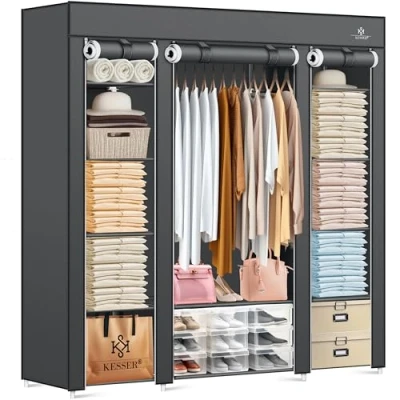 Imagen de KESSER® armario de tela estable con barra y estantes, incluye 5 perchas, plegable para dormitorio, vestidor perchero, 150 x 45 175 cm, antracita