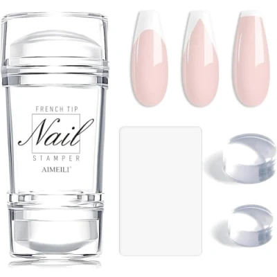 Imagen de AIMEILI French Tip Nail Stamp 4PCS Art Stamper Kit Clear Estampado de uñas silicona Estampador gelatina doble cabeza para con raspadores manicura francesa