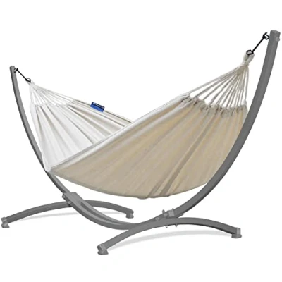 Imagen de Potenza Hamaca con Soporte Incluido en Jardin, de Tela Multicolor, para 2 Personas Doble I Grande Capacidad 220 Kg 220x160 cm (Crudo, Gris)