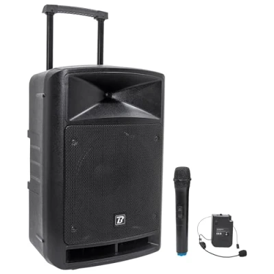 Imagen de Sistema de Sonido portátil Negro 600W con Bluetooth, BoomTone DJ TRAVELSOUND12 VHF. Lector USB, SD y micrófono Mano Diadema VHF incluidos. Ideal para DJ, Karaoke, espectáculos callejeros