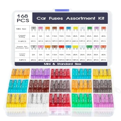 Imagen de AiQInu 12v Fusibles Coche Kit 168Pcs, 114 Mini Coche+ 54 Mediano+1 Clip para Fusibles, Automóvil Fusible 2A/3A/5A/7.5A/10A/15A/20A/25A/30A/35A/40A