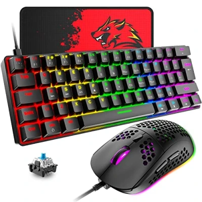 Imagen de T60 Juego de Teclado y Mouse Con Cable, Mecánico 60% Compacto 62 Teclas, 19 Luces LED Arcoíris, UK Layout + Ratón para Juegos PS4 6400 DPI Pad PC, Mac Interruptor Azul/Negro