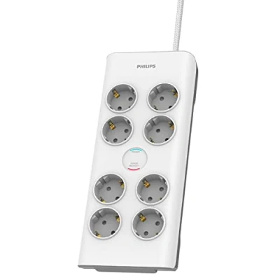 Imagen de Philips SPN7080WA/10 Regleta de 8 Enchufes Schuko, Enchufe Múltiple, Ladrón Alargador, Protección Infantil Sobretensión, Interruptor Encendido/Apagado, Cable 2 Metros Color Blanco