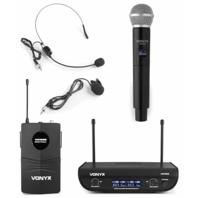 Imagen de Vonyx WM82C Sistema de Micrófono Inalámbrico Digital UHF 2 Canales, Incluye 1 Mano, Diadema, Solapa, Petaca, Receptor, con Maletín Transporte