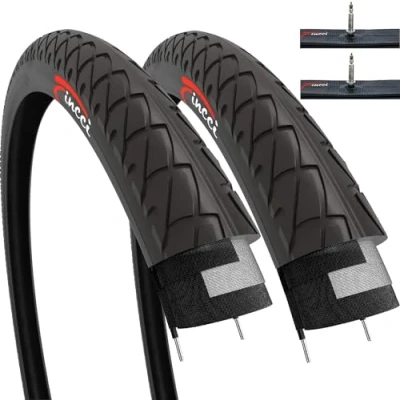 Imagen de Fincci Set Plegable Cubierta 26 x 2.125 Pulgadas Neumaticos 54 559 Slick Cubiertas con Camara de Aire Presta Válvula Interior para Carretera MTB Hibrida Bici Bicicletas