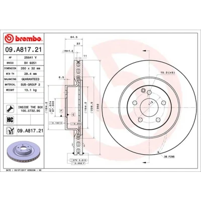 Imagen de BREMBO COATED DISC LINE 09.A817.21 Disco de freno 350 32 5 ventilación interna revestido altamente carbonizado con tornillos