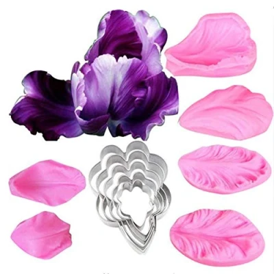Imagen de Pétalo de la Flor Veinier Silicona Moldes Acero Inoxidable Fondant Cortador Juego, Decoración Tartas Toosl Galletas para Hornear, Fuente Horno Sugarcract Chocolate Pasta Goma Iris Juego