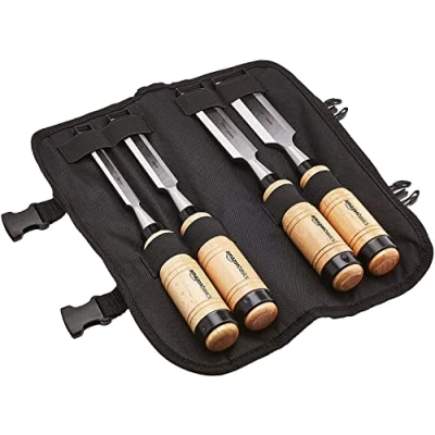 Imagen de Amazon Basics Juego de cinceles para madera acero al cromo vanadio, fuerte, 4 piezas, 13 mm 32 mm, mangos con bolsa transporte,