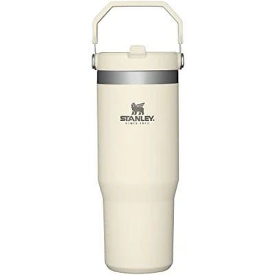 Imagen de STANLEY IceFlow Vaso de acero inoxidable con popote, botella agua aislada al vacío para el hogar, la oficina o automóvil, taza reutilizable popote abatible a prueba fugas (crema)
