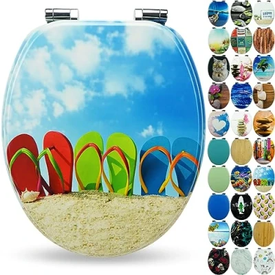 Imagen de Sanfino® Premium Tapa de WC con descenso automático asiento inodoro madera, muchos motivos coloridos y decorativos, cómodo, montaje fácil instrucciones incl. &quot;Flip Flop&quot;