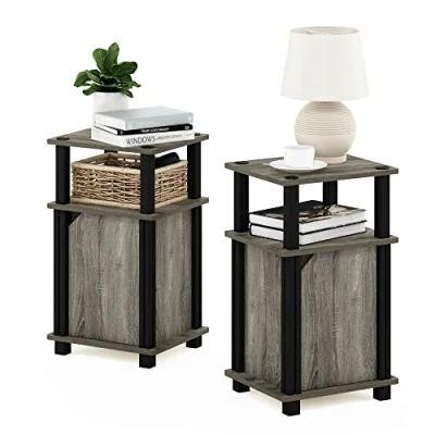 Imagen de Furinno Brahms 3 Niveles Auxiliar/Mesa de sofá/mesita Noche con Puerta, Engineered Wood, Roble Francés/Negro, Nivelese 2, 2 Unidades