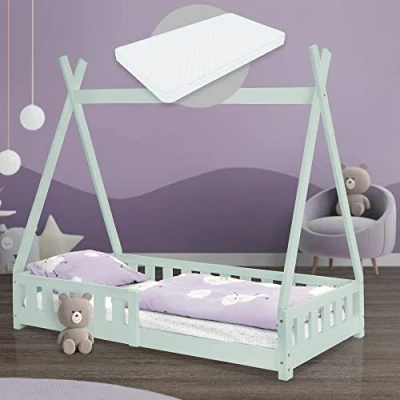 Imagen de ML Design Cama Infantil Tipi Verde Menta con Colchón De Espuma Fría 80x160 cm Protección Anticaída Somier Estructura Listones Madera Maciza Pino para Niñas Y Niños Forma Tienda Cuna Juvenil