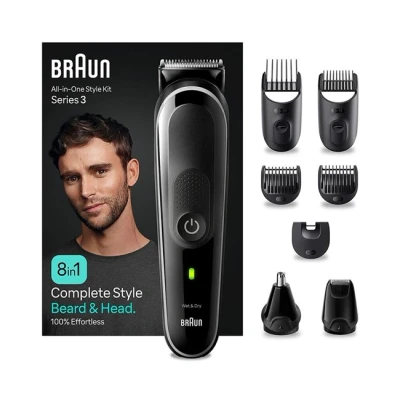 Imagen de Afeitadora multifunción Braun Series 3 MGK3440, Barba y pelo, Recortadora 8 En 1, 7 accesorios, Autonomía 80 min