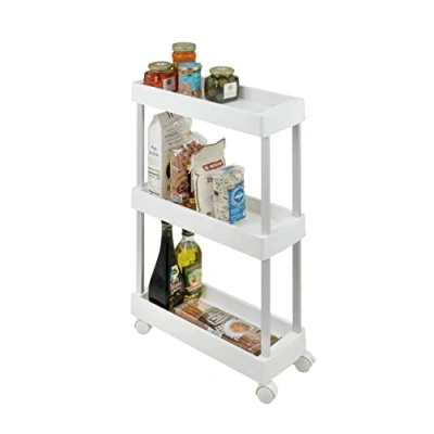 Imagen de WENKO carro Mino, de cocina con 3 estantes y 4 ruedas marcha suave, ideal como servicio, estante o doméstico, aluminio inoxidable/PP, 18 x 80 45 cm, blanco/plateado