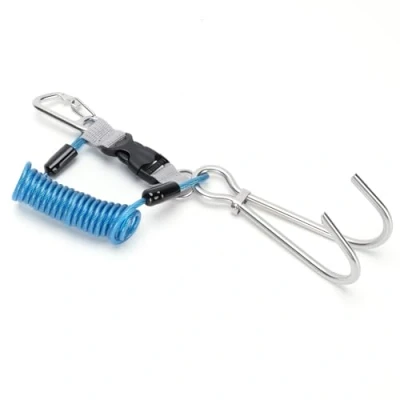 Imagen de Tbest Buceo Arrecife Gancho de Acero Inoxidable Doble Accesorios Seguridad con Espiral Cordón Hebilla Liberación Rápida(Azul)